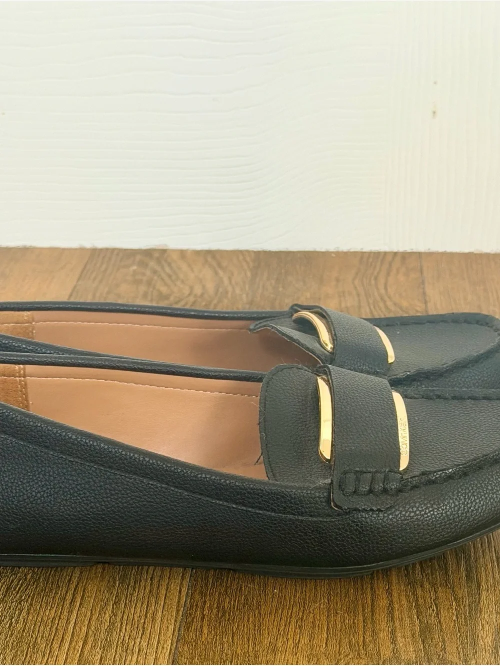 Calvin Klein Black Leather Women's Loafers with Gold Accent